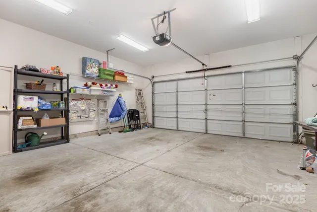 a view of a garage with storage