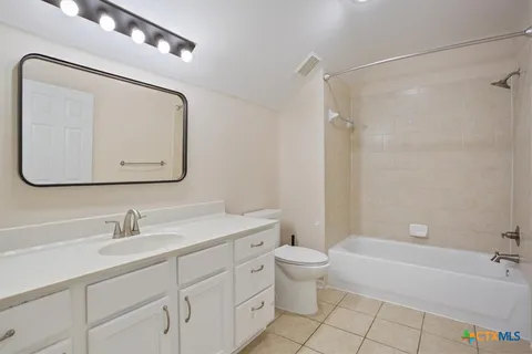 a bathroom with a toilet a sink a mirror a bathtub and vanity