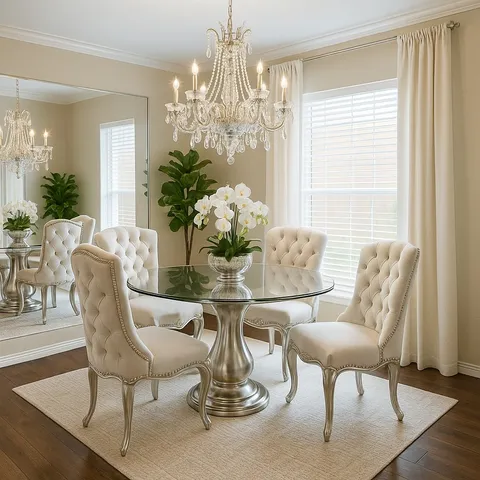 a dining room with furniture a large window and wooden floor
