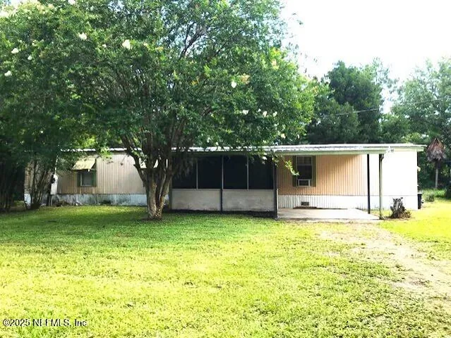 a view of a backyard with a large tree