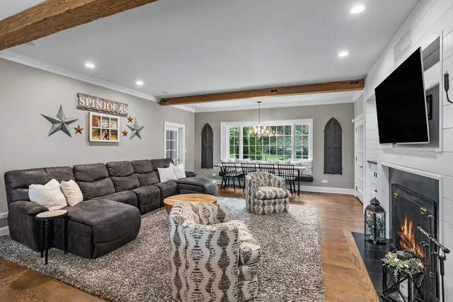 a living room with fireplace furniture and a flat screen tv