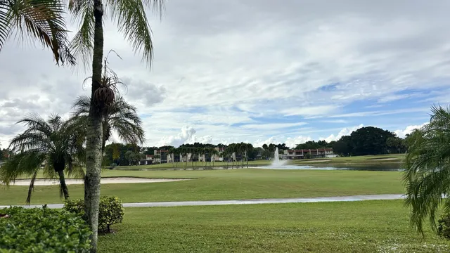 a view of swimming pool with a big yard and palm trees