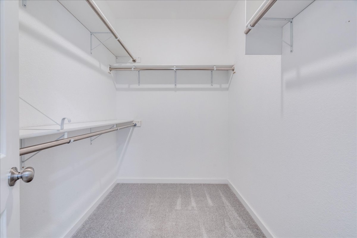 8008 Prairie Rye Drive Lago Vista, TX 78645 - Photo 10 of 40 Spacious closet featuring light-toned carpeting and multiple built-in shelving units with hanging rods