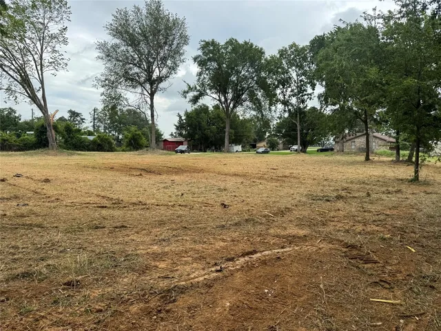 a view of a field with trees in the background
