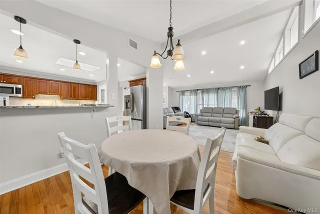 a view of a dining room with furniture