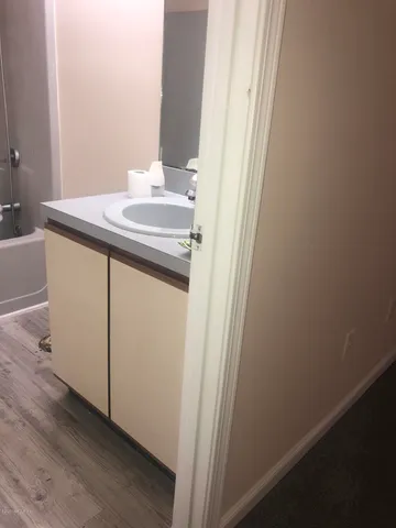 a bathroom with a sink and a mirror