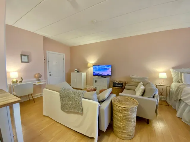 a living room with furniture and a wooden floor