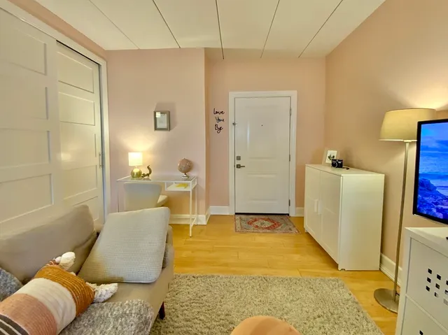 a living room with furniture and a rug