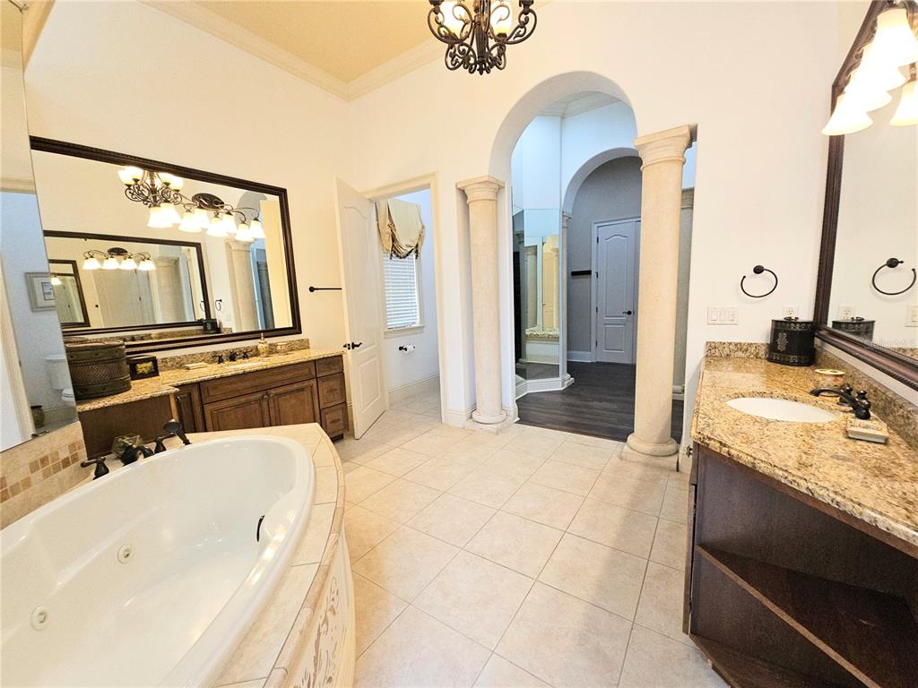 420 Muirfield Loop Reunion, FL 34747 - Photo 27 of 60 a en suite bathroom with a granite countertop double vanity sink a mirror and vanity