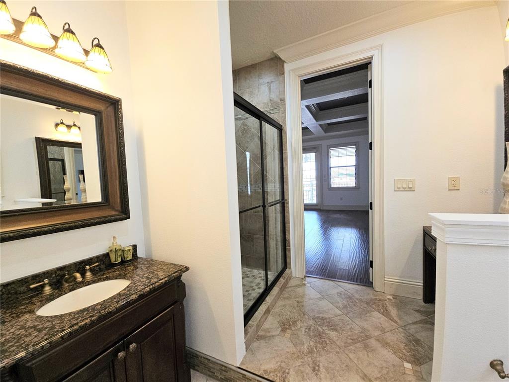 420 Muirfield Loop Reunion, FL 34747 - Photo 47 of 60 a bathroom with a granite countertop sink and a mirror