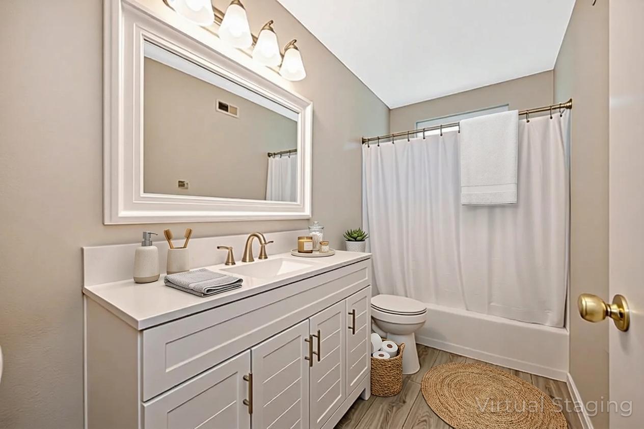 5824 Hesper Way Carmichael, CA 95608 - Photo 12 of 56 a bathroom with a sink a toilet a mirror a vanity and shower