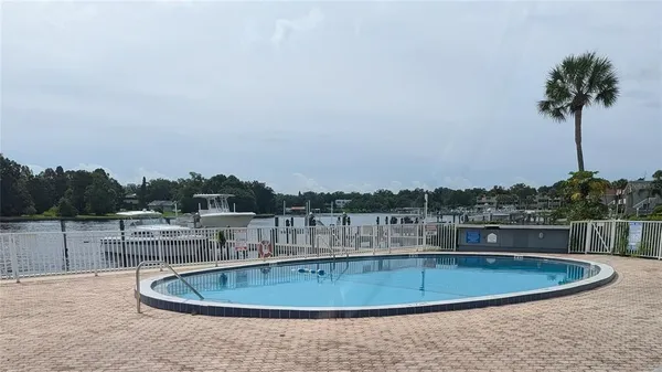 a view of a swimming pool with a yard
