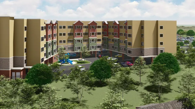 a view of building with a garden