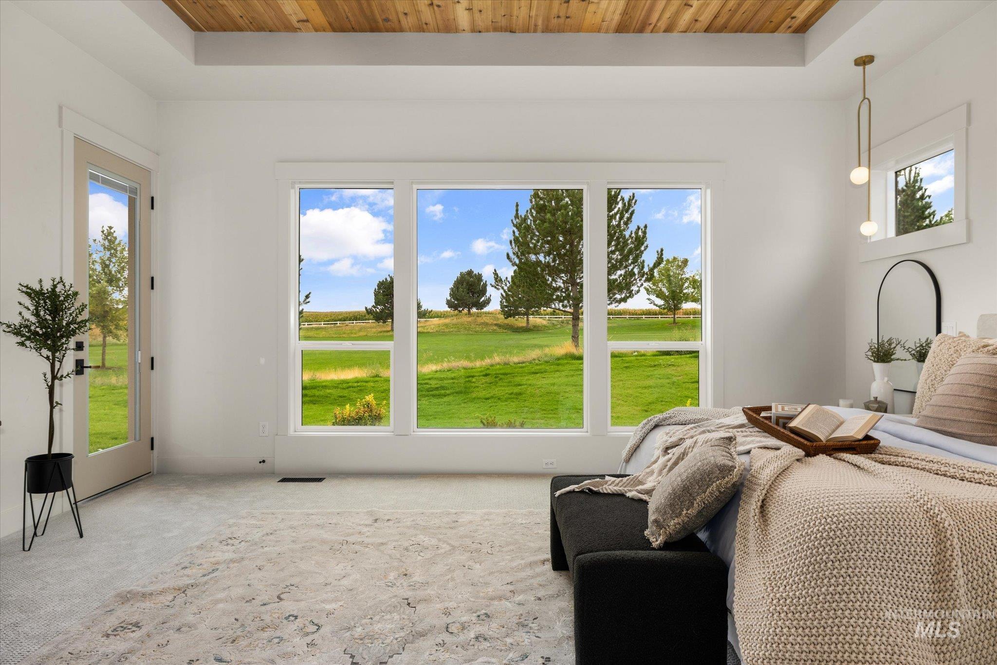 22909 Cirrus Vw Court Caldwell, ID 83607 - Photo 28 of 50 Bedroom with carpet, access to exterior, wooden ceiling, and a tray ceiling