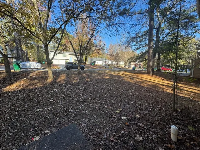 a view of dirt yard with a large tree