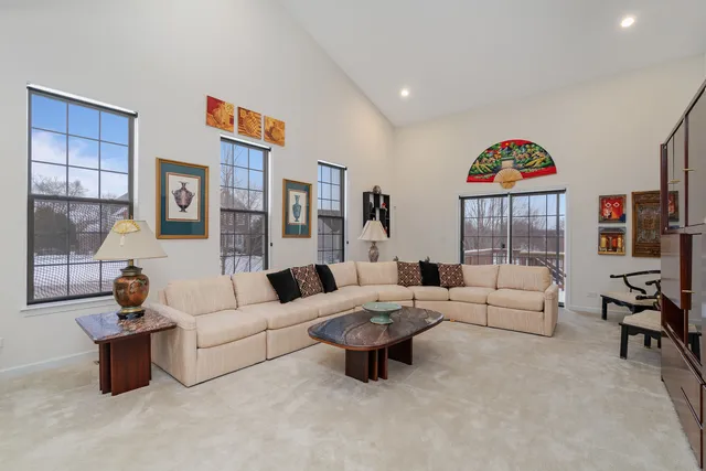 a living room with furniture a rug and a wall painting
