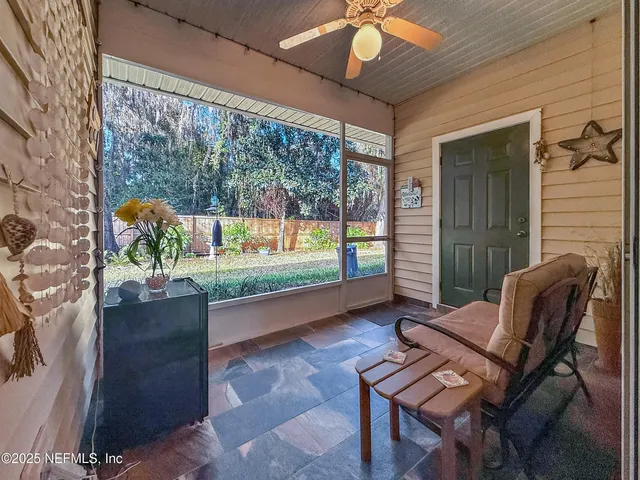 a building outdoor space with patio furniture