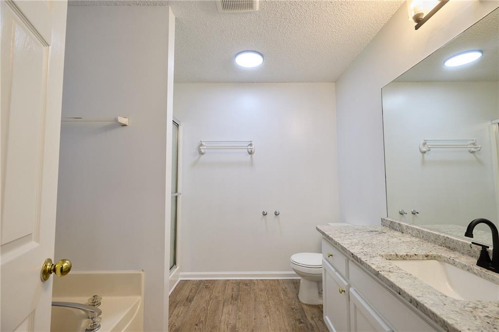 1645 Fort Mason Way Dacula, GA 30019 - Photo 17 of 28 a bathroom with a granite countertop sink toilet and shower
