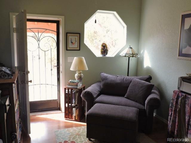 3818 Fontaine Road Fort Garland, CO 81133 - Photo 20 of 50 a living room with furniture a fireplace and a chandelier