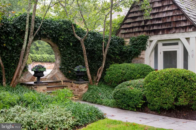 a view of a garden with a fountain