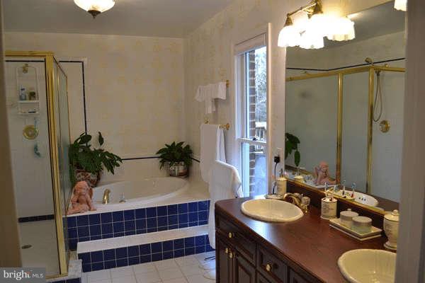 9519 Conde Road Marshall, VA 20115 - Photo 14 of 30 a bathroom with a granite countertop sink a mirror and a shower