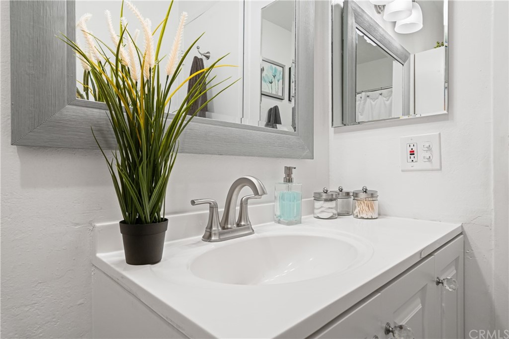 1040 West MacArthur Boulevard, Unit 104 Santa Ana, CA 92707 - Photo 23 of 30 a close view of a sink a faucet a mirror and a potted plant