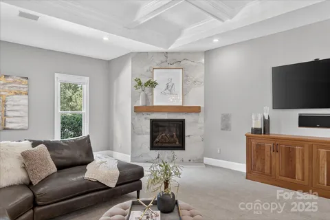 a living room with furniture a fireplace and a flat screen tv