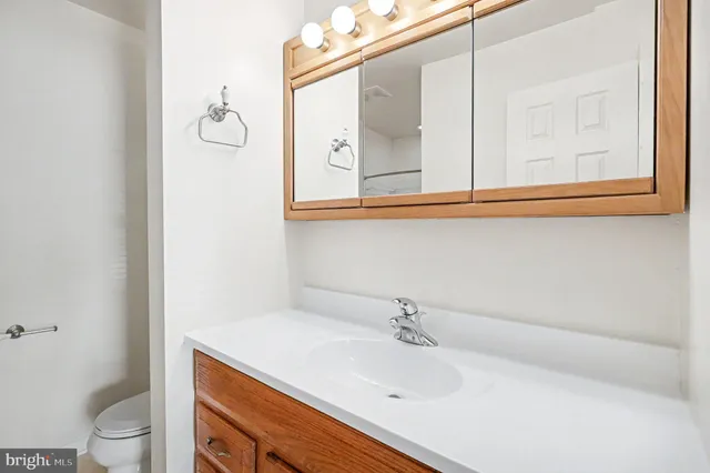 a bathroom with a sink and mirror with toilet