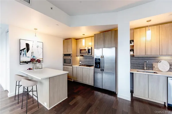 a kitchen with counter top space cabinets and stainless steel appliances