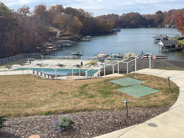 a view of a lake with a mountain in the background
