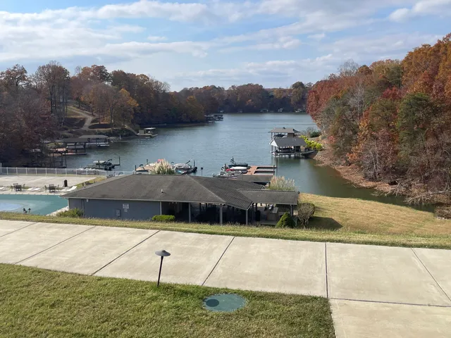 a view of a lake with a mountain in the background