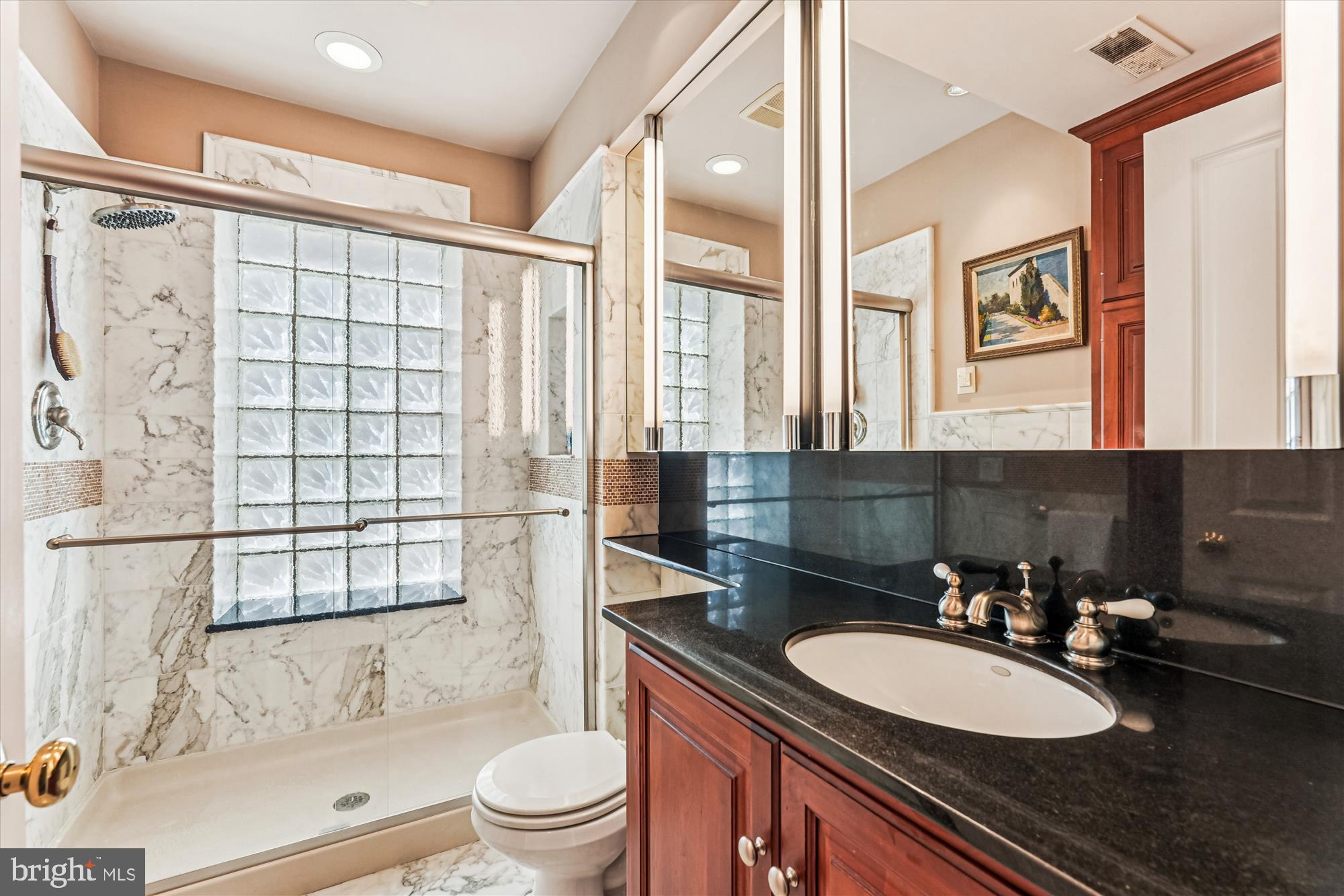 1420 Q Street Northwest Washington, DC 20009 - Photo 43 of 86 a bathroom with a sink toilet a mirror and shower
