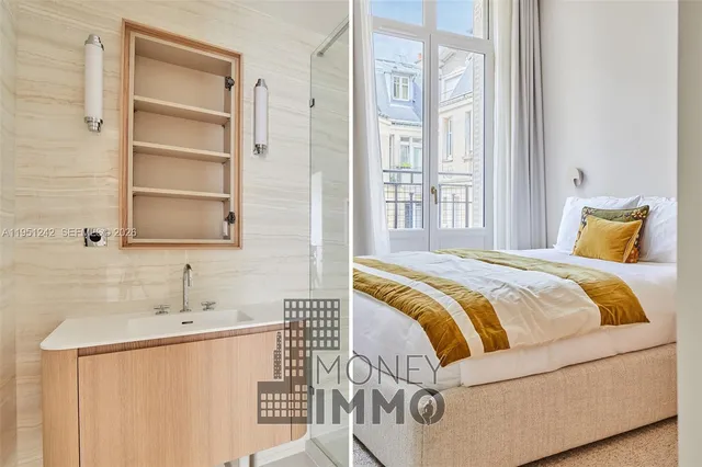 a bedroom with a sink and a mirror