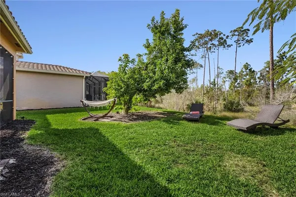 a view of a backyard with plants and a bench