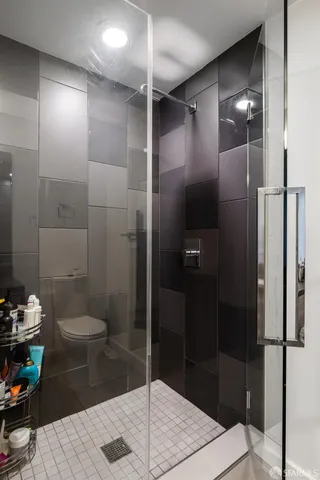 a bathroom with a shower and toilet
