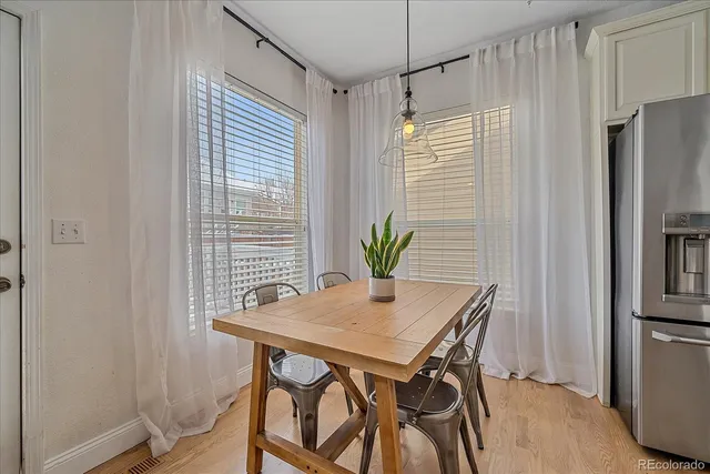 a view of a dining room with furniture window and wooden floor