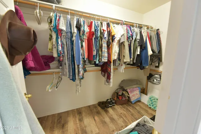 a view of walk in closet with clothes and shoes