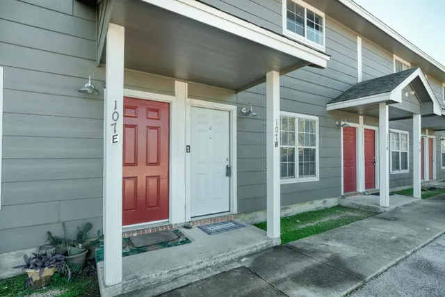 a view of small house with potted plants