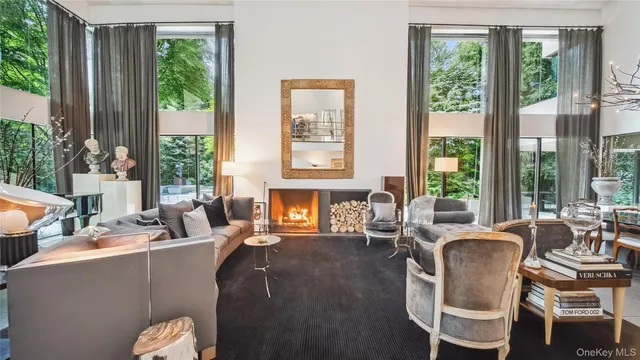 a living room with furniture and a garden