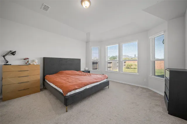 a bedroom with a bed and dresser