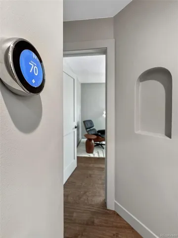 a view of a room that has a bench in it