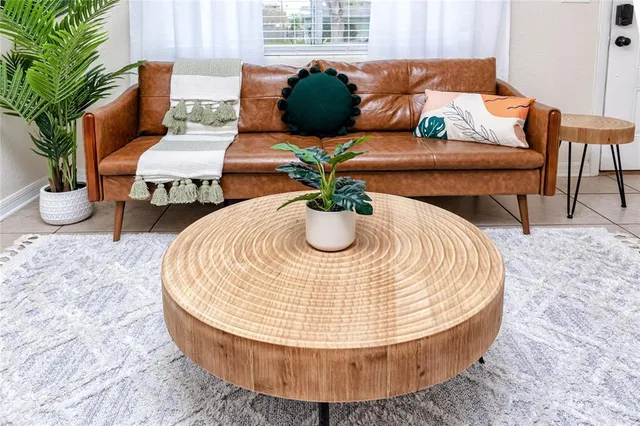 a living room with furniture and a potted plant