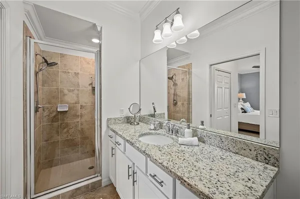 a bathroom with a granite countertop sink a mirror and shower