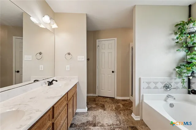 a bathroom with a tub a sink and a mirror