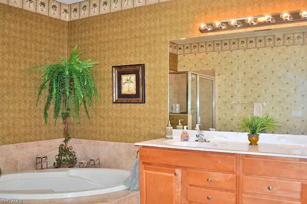 a bathroom with a granite countertop sink and a bathtub