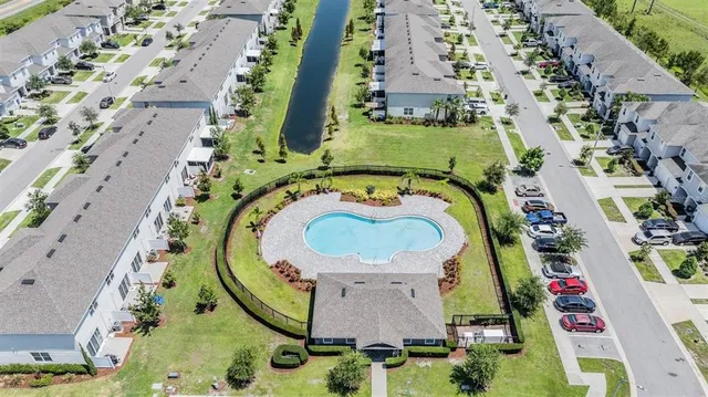 an aerial view of a swimming pool