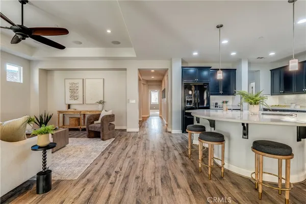 a living room with furniture kitchen view and a potted plant