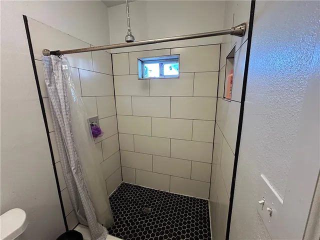a bathroom with a shower and toilet