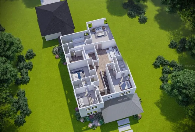 an aerial view of a house with pool yard seating area and yard