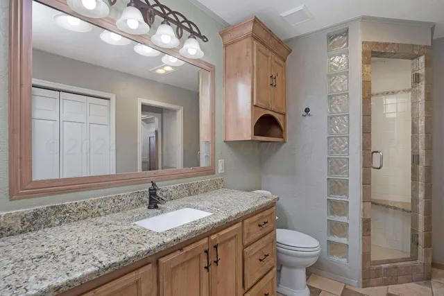 a bathroom with a granite countertop sink a toilet and shower